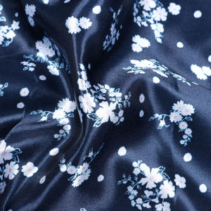 Dark Navy Blue And  White Floral Pattern Digital Print Ultra Satin Fabric