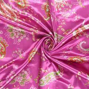 Deep Pink And Jungle Green Paisley Pattern Digital Print Ultra Satin Fabric
