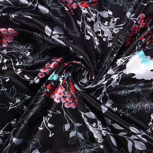 Black And  Red Floral Pattern Digital Print Ultra Satin Fabric