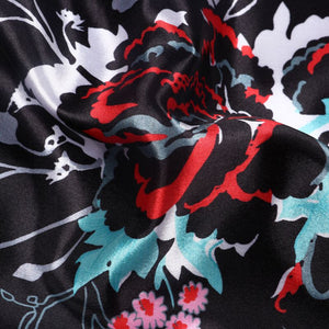 Black And  Red Floral Pattern Digital Print Ultra Satin Fabric