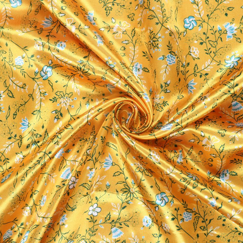 Yellow And Ocen Blue Floral Pattern Digital Print Ultra Satin Fabric ...