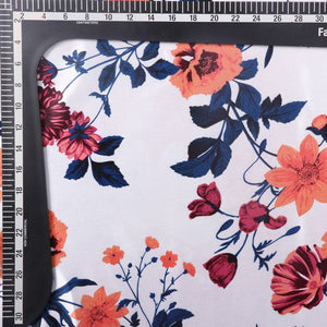 White And Pumpkin Orange Floral Pattern Digital Print Ultra Satin Fabric