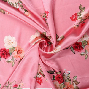 Greyish Pink And Red Floral Pattern Digital Print Japan Satin Fabric