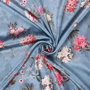 Greyish Blue And Pink Floral Pattern Digital Print Japan Satin Fabric