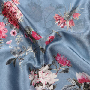 Greyish Blue And Pink Floral Pattern Digital Print Japan Satin Fabric