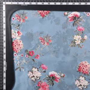 Greyish Blue And Pink Floral Pattern Digital Print Japan Satin Fabric