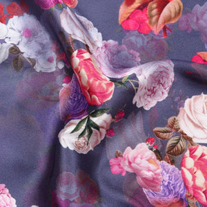 Dark Lavender And Baby Pink Floral Pattern Digital Print Japan Satin Fabric