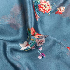 Greyish Blue And Orange Floral Pattern Digital Print Japan Satin Fabric