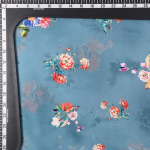 Greyish Blue And Orange Floral Pattern Digital Print Japan Satin Fabric