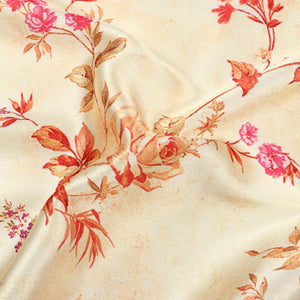 Dusty Yellow And Salmon Red Floral Pattern Digital Print Japan Satin Fabric