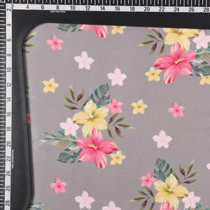 Grey And Yellow Floral Pattern Digital Print Japan Satin Fabric