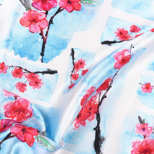 Sky Blue And Salmon Red Floral Pattern Digital Print Japan Satin Fabric