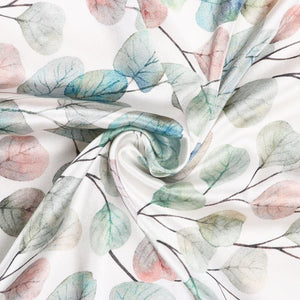 White And Mint Green Leaf Pattern Digital Print Japan Satin Fabric