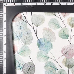 White And Mint Green Leaf Pattern Digital Print Japan Satin Fabric