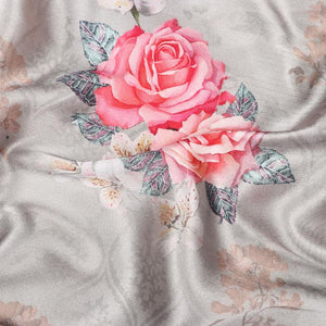 Light Grey And Pink Floral Pattern Digital Print Japan Satin Fabric