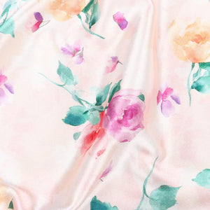 Light Peach And Light Purple Floral Pattern Digital Print Japan Satin Fabric