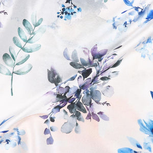 White And Blue Floral Pattern Digital Print Japan Satin Fabric