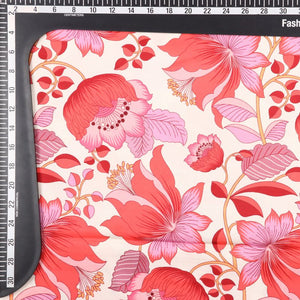 White And Salmon Red Floral Pattern Digital Print Crepe Fabric