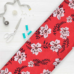 Red And  White Floral Pattern Digital Print Silk Crepe Fabric