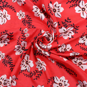 Red And  White Floral Pattern Digital Print Silk Crepe Fabric