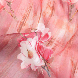 Peach And  Red Floral Pattern Digital Print Chiffon Fabric