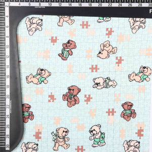 Light Mint Green And Brown Kids Pattern Digital Print Satin Cotton Fabric