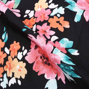 Black And Multi Color Floral Pattern Screen Print Crepe Fabric