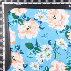 Sky Blue And Peach Floral Pattern Screen Print Crepe Fabric