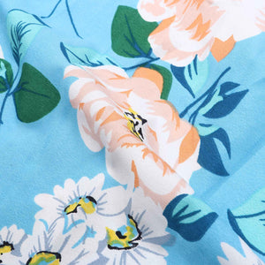 Sky Blue And Peach Floral Pattern Screen Print Crepe Fabric