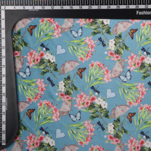 Sky Blue And Salmon Red Floral Pattern Digital Print Chinon Chiffon Fabric