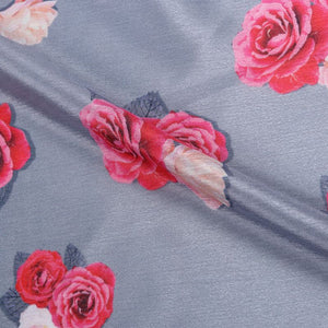 Greyish Blue And Deep Pink Floral Pattern Digital Print Chinon Chiffon Fabric