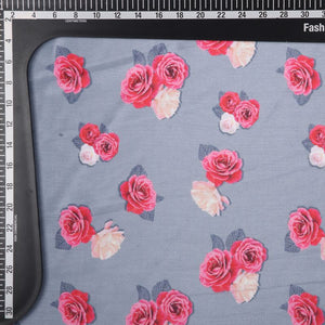 Greyish Blue And Deep Pink Floral Pattern Digital Print Chinon Chiffon Fabric