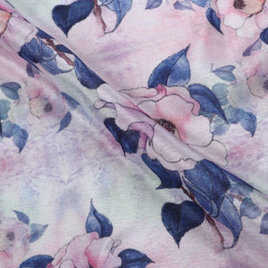 Baby Pink And Blue Floral Pattern Digital Print Chinon Chiffon Fabric