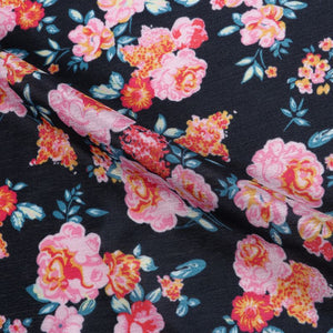 Black And Pink Floral Pattern Digital Print Chinon Chiffon Fabric