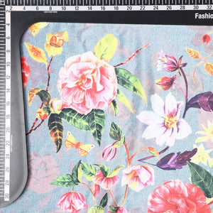 Turquoise And Bright Red Floral Pattern Digital Print Chinon Chiffon Fabric