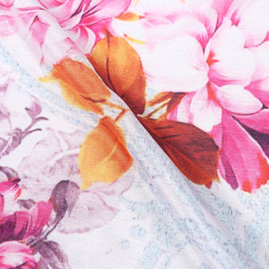 White And Pink Floral Pattern Digital Print Chinon Chiffon Fabric