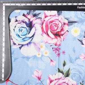 Sky Blue And Pink Floral Pattern Digital Print Chinon Chiffon Fabric