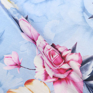 Sky Blue And Pink Floral Pattern Digital Print Chinon Chiffon Fabric