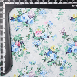 Grey And Blue Floral Pattern Digital Print Chinon Chiffon Fabric