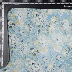 Sky Blue And White Floral Pattern Digital Print Chinon Chiffon Fabric