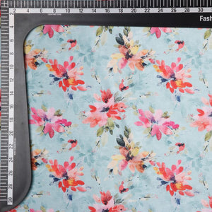 Sky Blue And Pink Floral Pattern Digital Print Chinon Chiffon Fabric