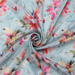 Sky Blue And Pink Floral Pattern Digital Print Chinon Chiffon Fabric