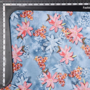 Greyish Blue And Salmon Pink Floral Pattern Digital Print Chinon Chiffon Fabric