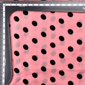 Peachy Pink And Black Polka Dot Pattern Rubber Print Organza Fabric