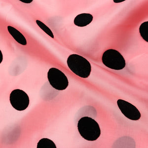 Peachy Pink And Black Polka Dot Pattern Rubber Print Organza Fabric