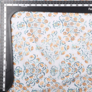 White And Orange Floral Pattern Digital Print Chanderi Fabric