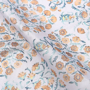 White And Orange Floral Pattern Digital Print Chanderi Fabric