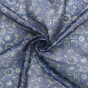 Blue And Ivory Traditional Pattern Digital Print Chanderi Fabric