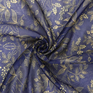 Navy Blue And Yellow Floral Pattern Digital Print Chanderi Fabric