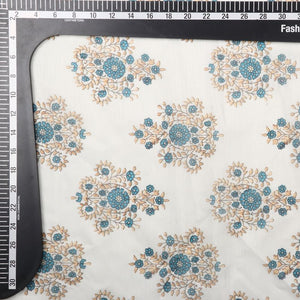 White And Blue Ethnic Pattern Digital Print Chanderi Fabric